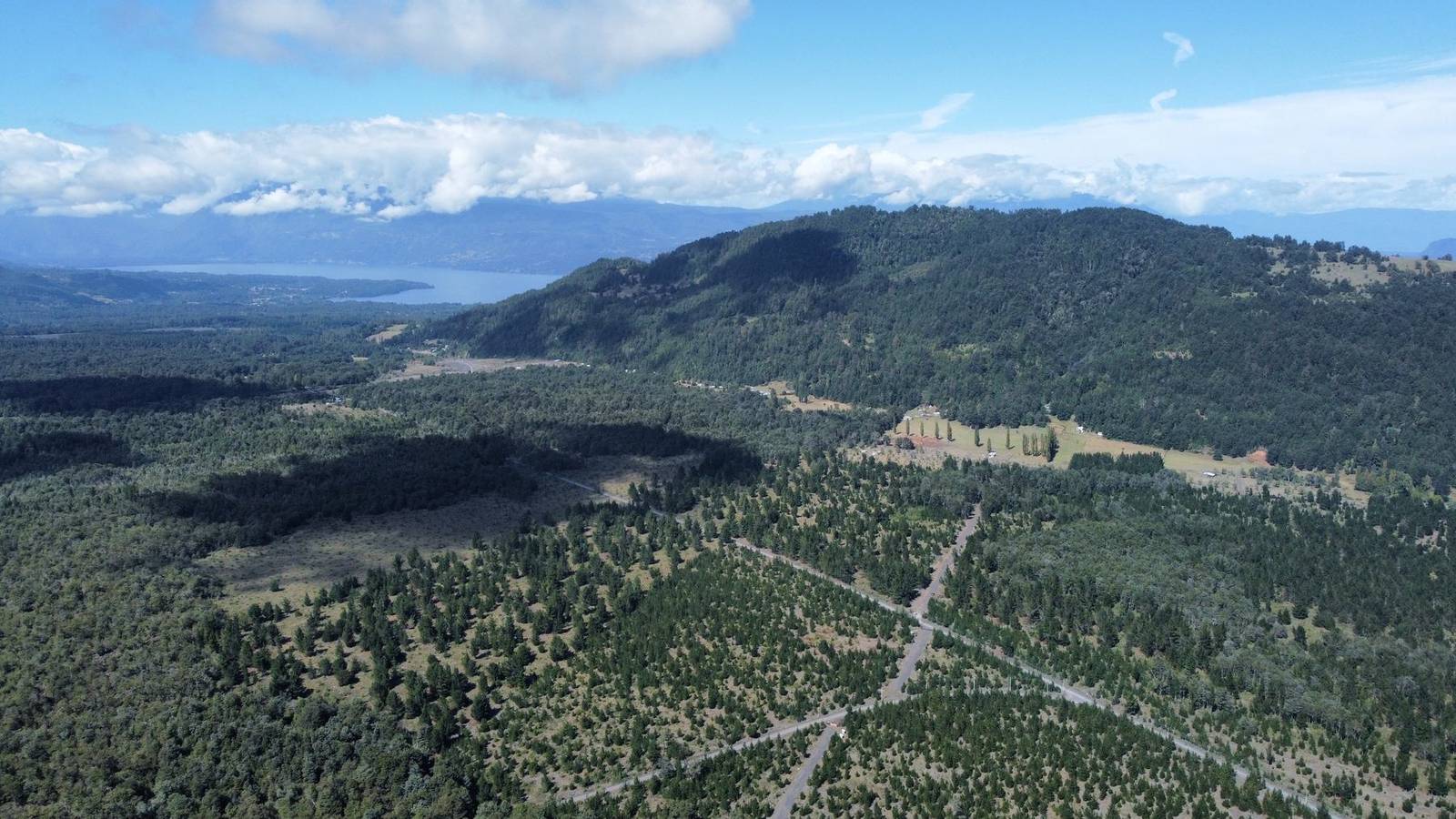 Vista aérea del sector Melilahuen con el lago al fondo